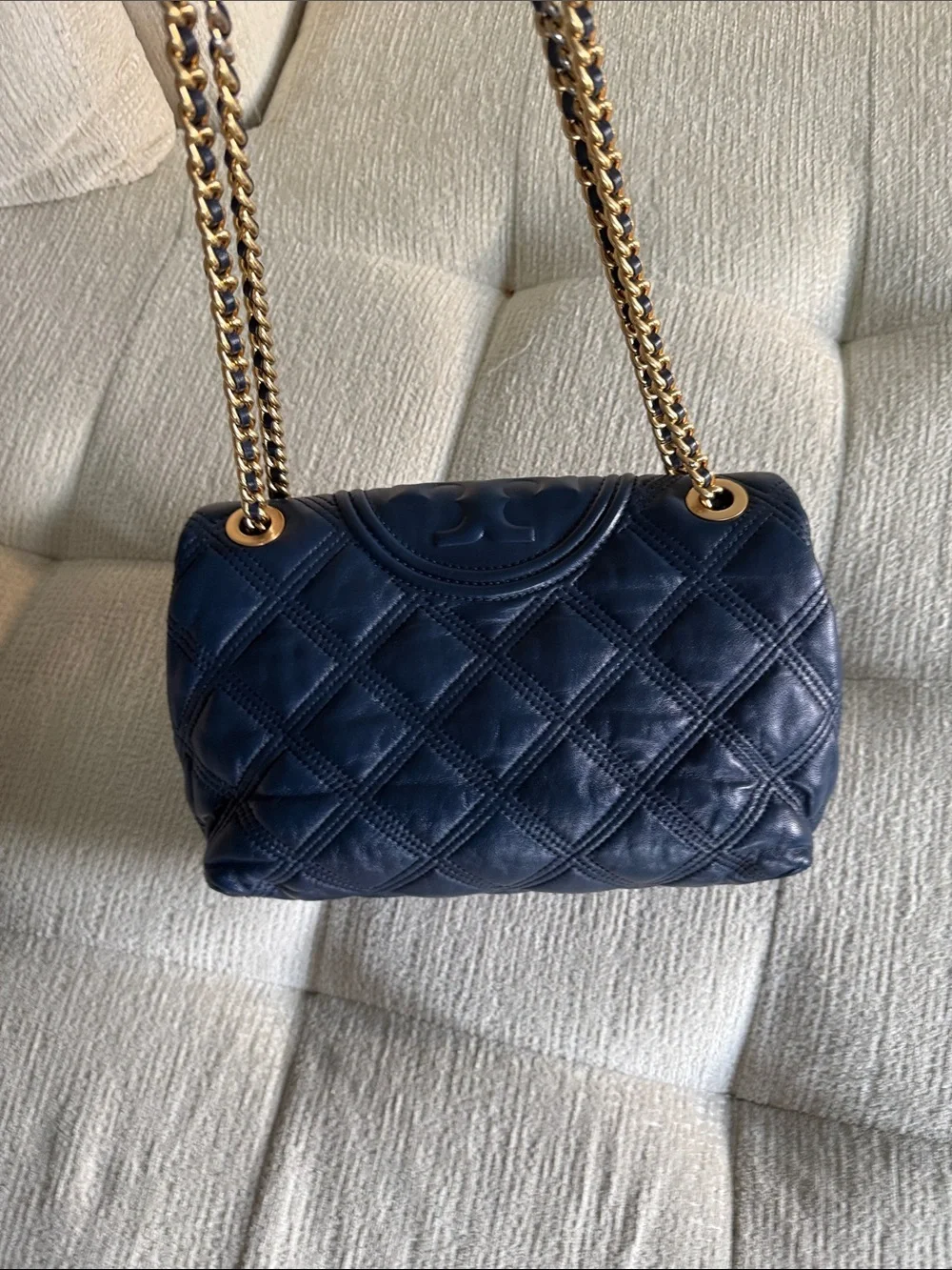 Tory Burch fleming soft convertible shoulder Bag Leather Quilted Chain Dark Blue